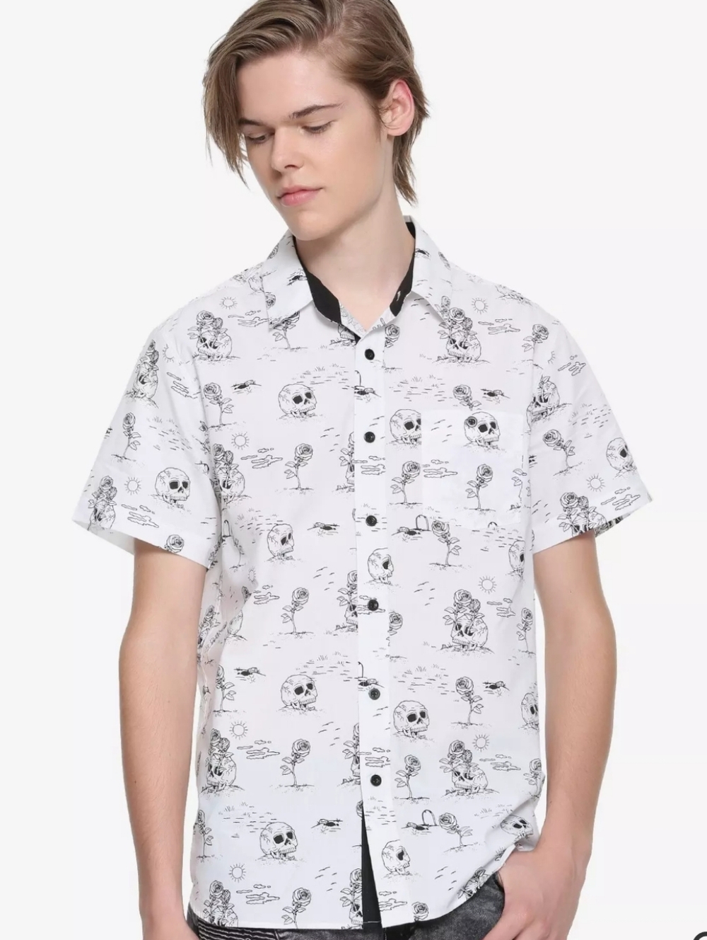 Sketch Skull & Roses Short-Sleeved Woven Button-Up Sz L